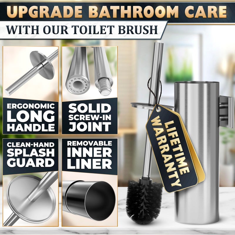 NOVSIX Silver Modern Toilet Brush and Holder Set with Wall Mount - Stainless Steel Toilet Brush with Holder - Removable Inner Bowl  Shiny Design  Splash Protection & Dense Bristles for Bathroom Cleaning - Image 4